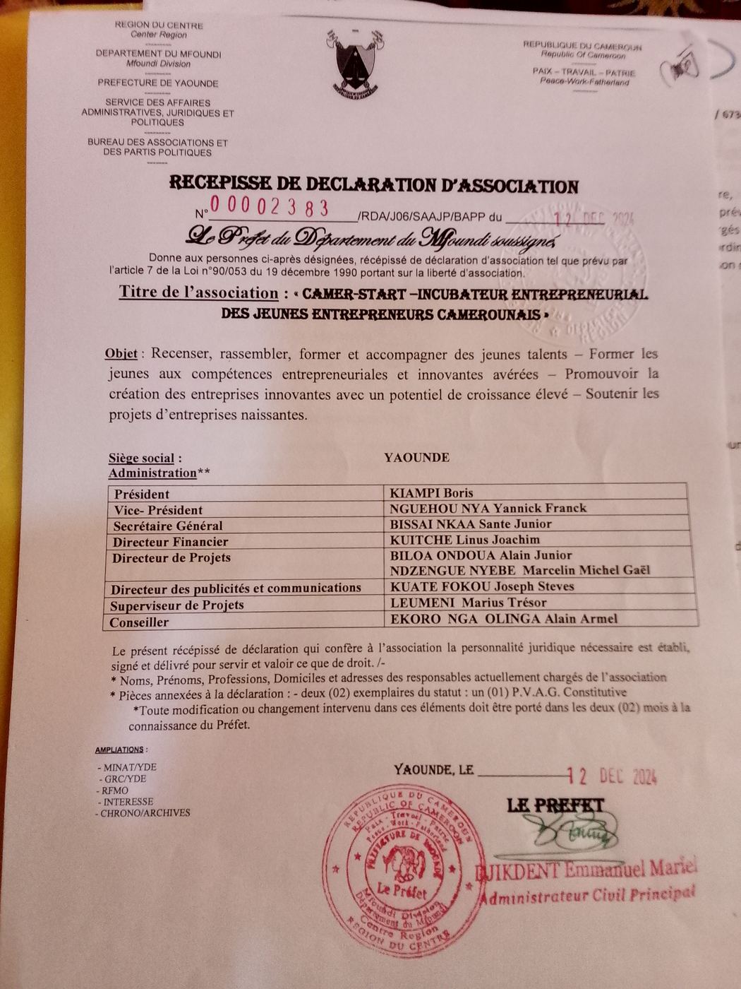 Récépissé officiel de déclaration de l'association CAMER-START.