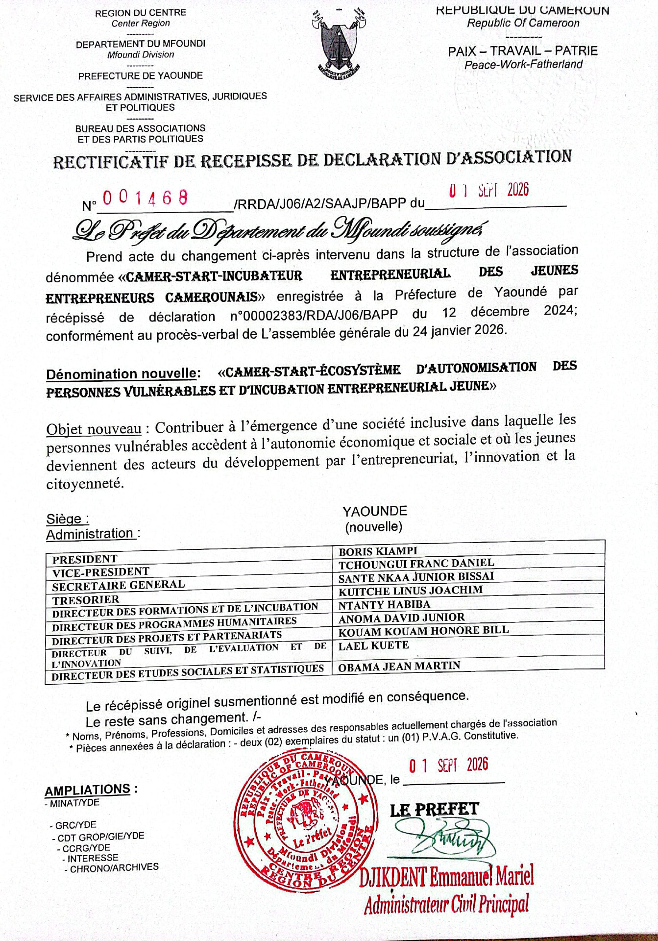 Rectificatif de récépissé de déclaration d'association CAMER-START n°001468 du 1er septembre 2026.