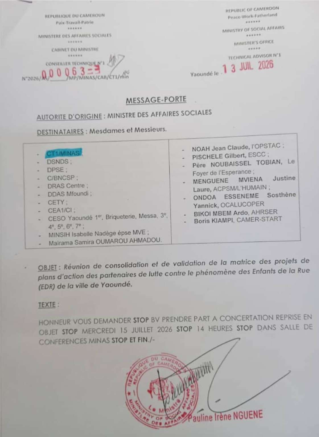 CAMER-START à la réunion stratégique du MINAS sur les enfants en situation de rue