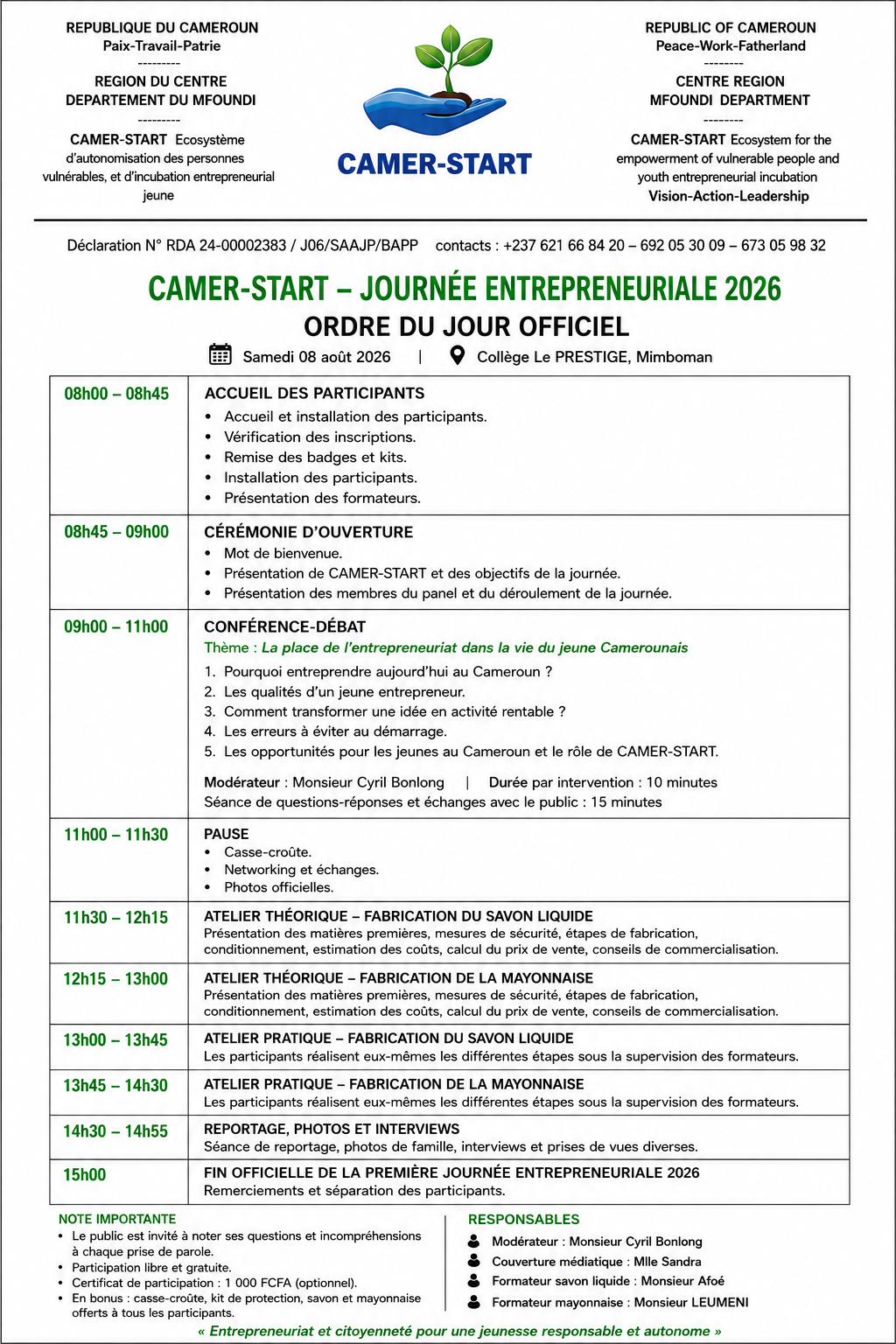 Journée Entrepreneuriale 2026 : entrepreneuriat et citoyenneté pour une jeunesse responsable